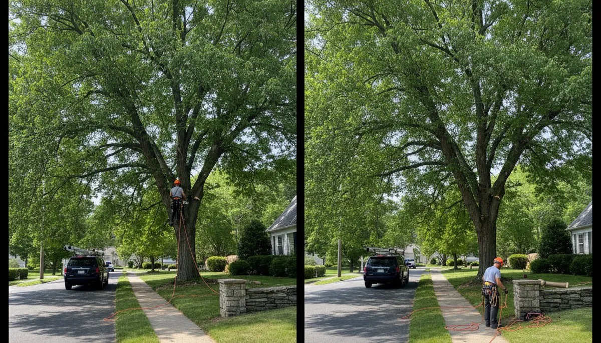 Arborist lifting tree canopy for improved clearance and curb appeal in Wellesley, MA tree trimming service