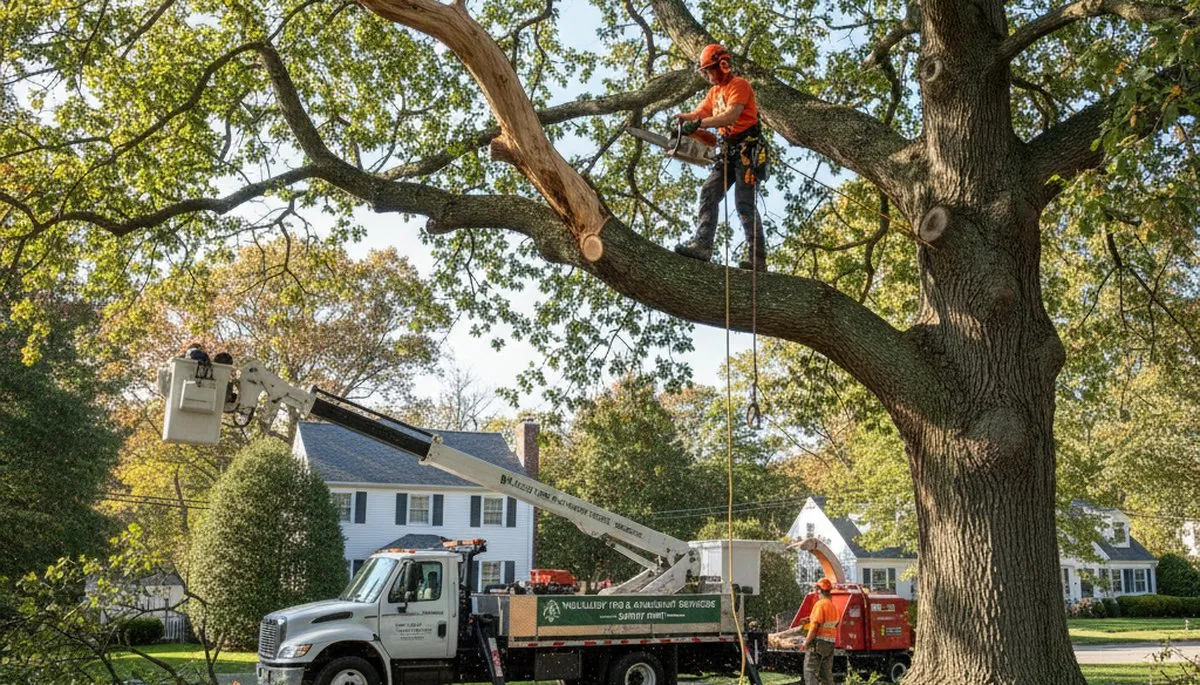 Arborist performing deadwood removal on mature tree in Wellesley, MA for safe, professional tree trimming