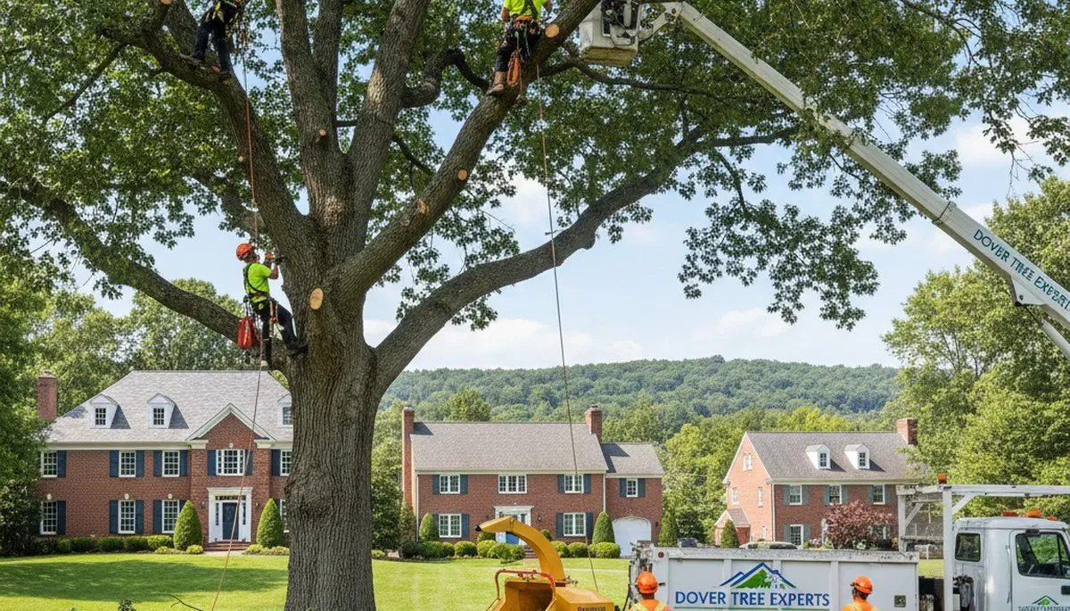 Professional tree removal service in Wellesley MA safely cutting large oak near residential home