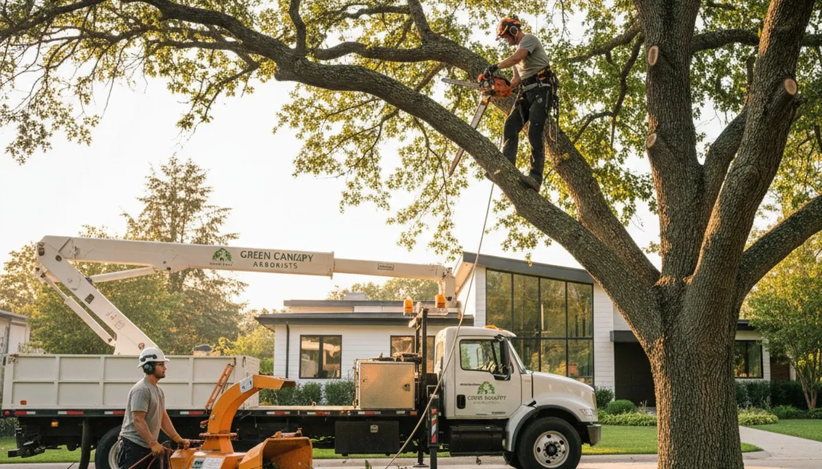 Arborist trimming large oak tree on residential property in Wellesley, MA for Chop Chop Tree
