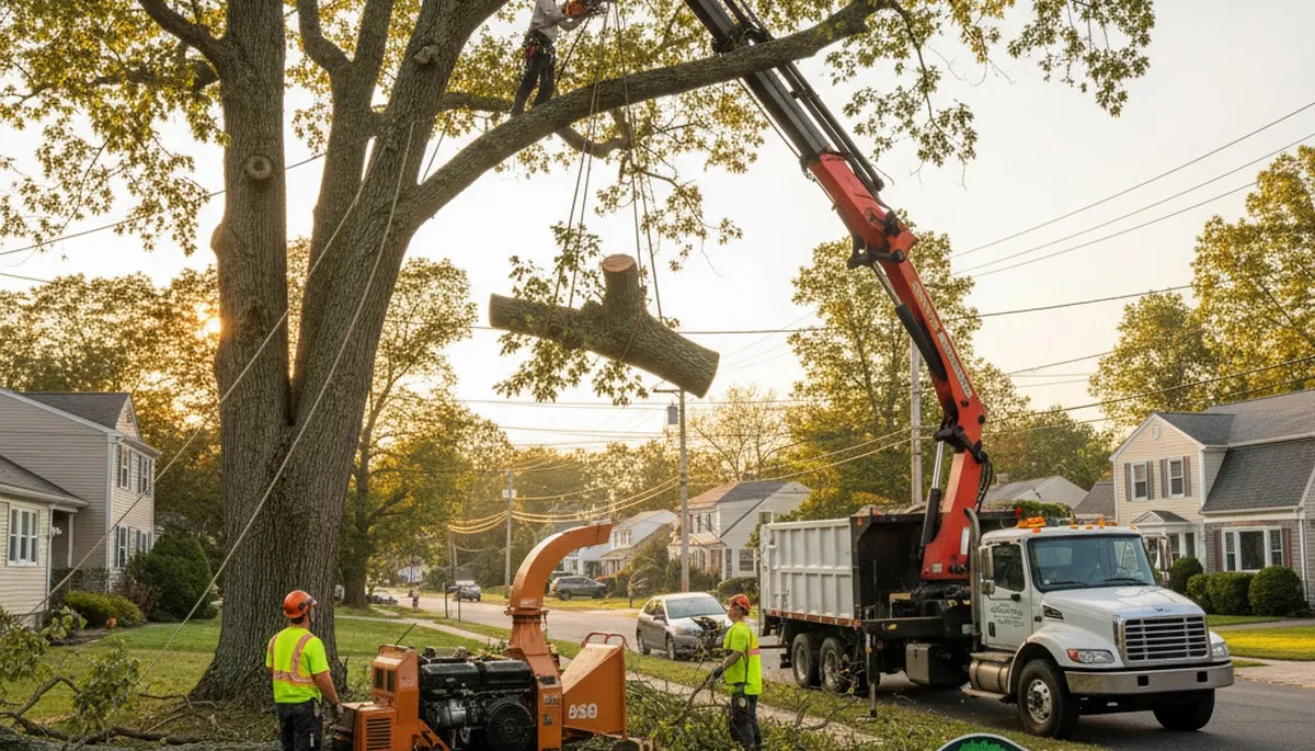 Professional tree removal service in Wellesley MA safely cutting and clearing large oak tree