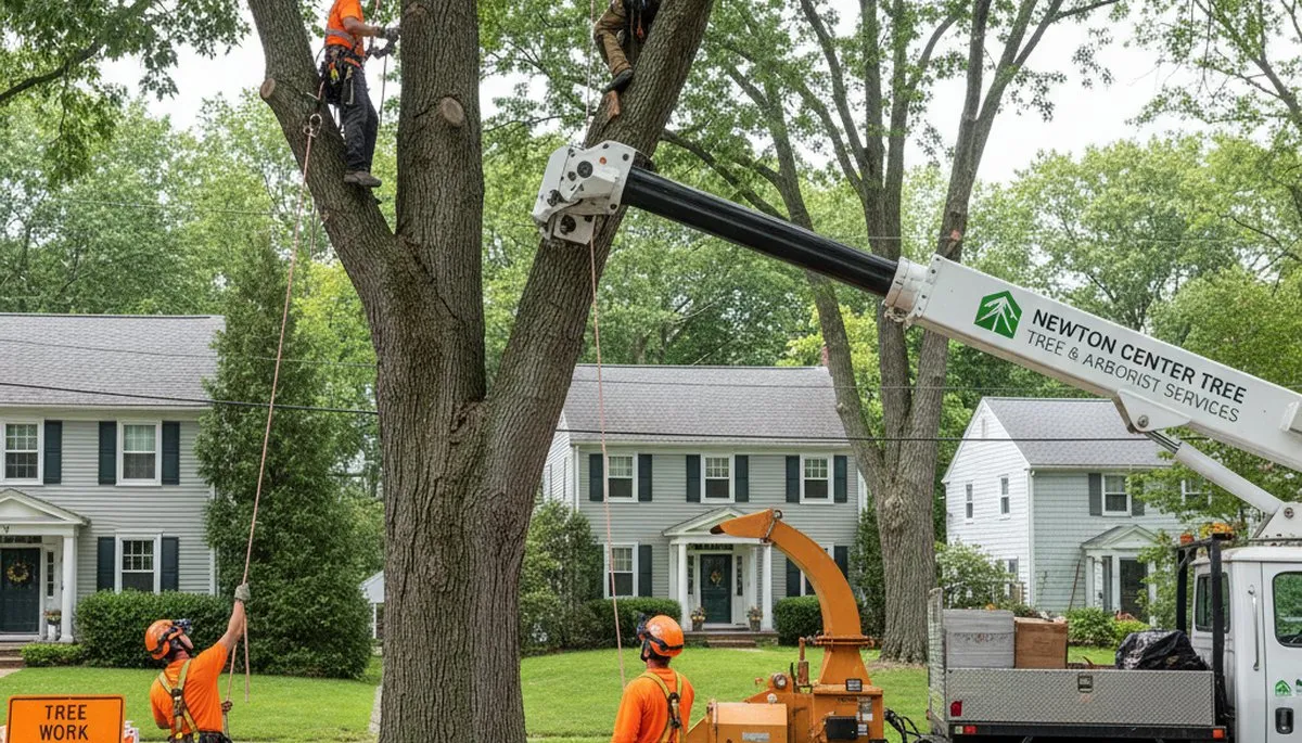 Professional tree removal service in Wellesley MA safely clearing large oak near suburban home
