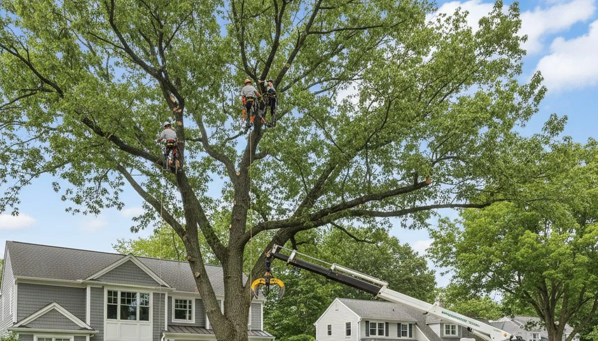 Professional tree removal service in Wellesley MA safely cutting large oak for local property maintenance