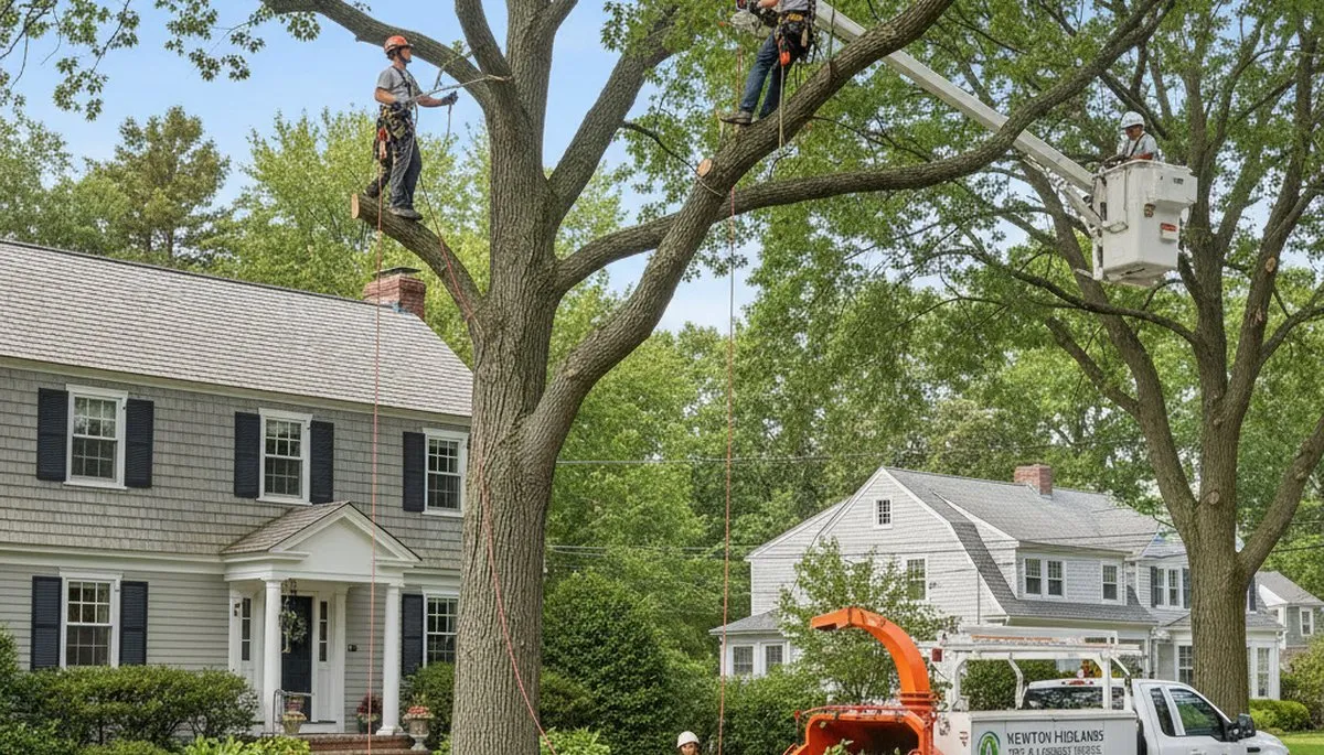 Professional tree removal service crew working in Wellesley, MA yard