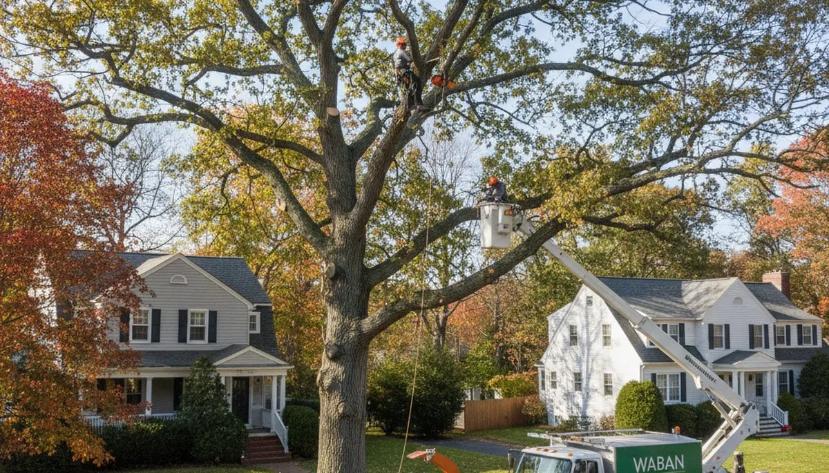 Professional tree removal service in Wellesley MA safely cutting and clearing large oak tree